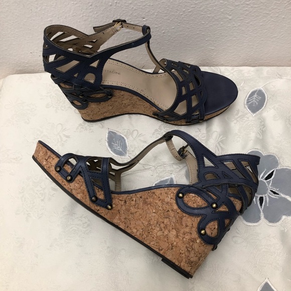 Adrienne Vittadini W Size 10 Gray Fine Leather Cork Wedges with Geometric Design - Picture 7 of 16